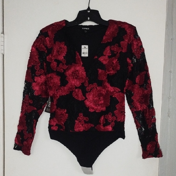 Express Tops - Express Red and Black Lace Floral Bodysuit